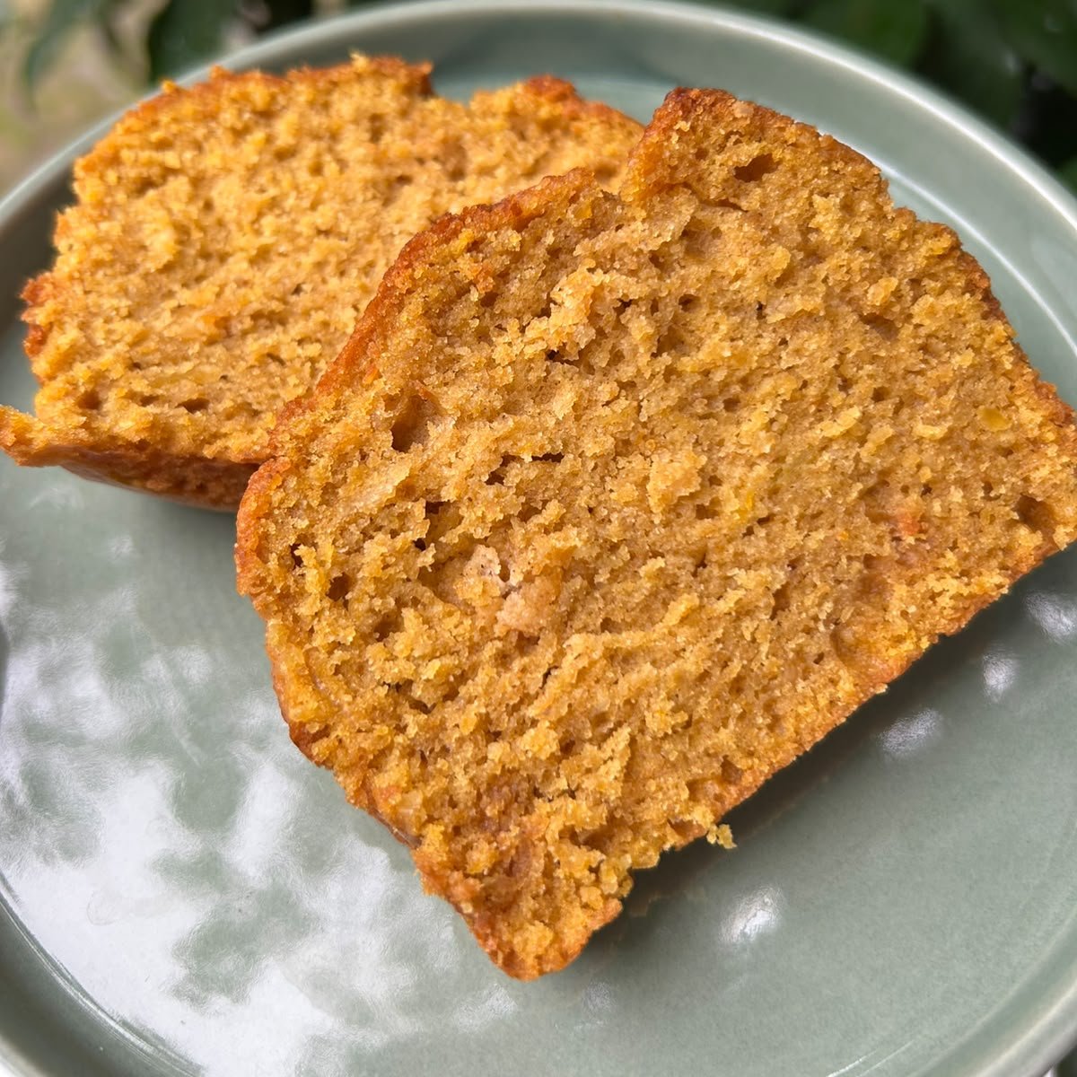 Twee plakken oranje pompoencake op een groen bord, met groene bladeren op de achtergrond